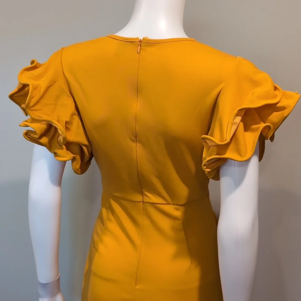 SHEIN Golden Yellow Volume Sleeve V Neck Cut Out Front Slit Back Midi Dress S